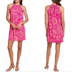 Trina Turk Juju Vibrant Pink Halter Dress with Mod Floral Pattern Size S